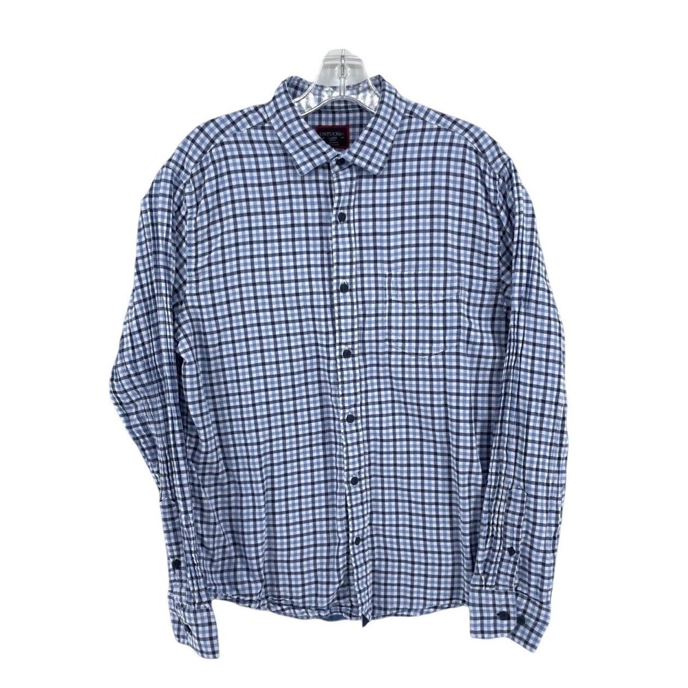 UNTUCKit Mens Large Slim Fit Blue Gingham Plaid Cotton Button Down Shirt